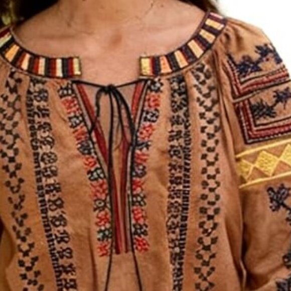 Embroidered Brown Boho Peasant Blouse - Picture 4 of 6